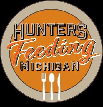 The circular, orange and black DNR Hunters Feeding Michigan logo, with an upright knife, fork and spoon across the bottom 