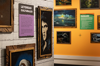 A black velvet painting of Elvis hanging in the exhibit.