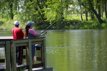 People fishing from a dock at a park.