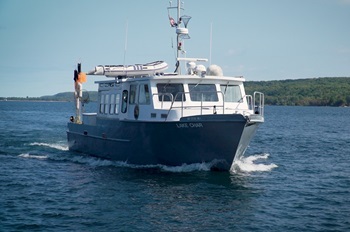 The Michigan DNR's research vessel Lake Char on Lake Superior for an expedition to Klondike Reef for fisheries research