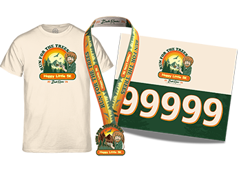 Happy Little Trees swag, including a T-shirt. medal and bib