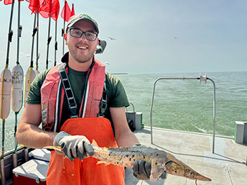 Fisheries research technician Jerek Gutierrez with a young Lake Sturgeon captured during the Saginaw Bay fish community survey.
