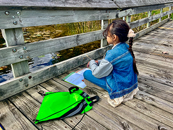 A Nature Awaits students enjoys some of nature's calm feelings while sitting on a bridge overlooking a pond.