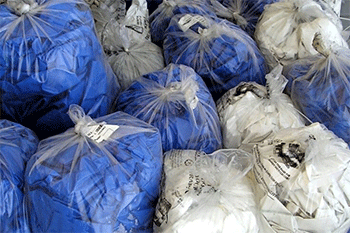 bags of blue and white shrink wrap