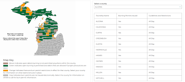 A screenshot of the burn permit web page shows a map of Michigan by county and a drop-down menu.