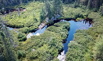 A winding stream in the Michigamme Highlands is shown from above on a sunny day.