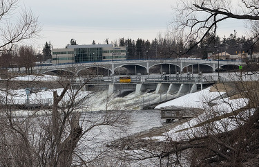 The Cheboygan Dam is pictured with its gates open.