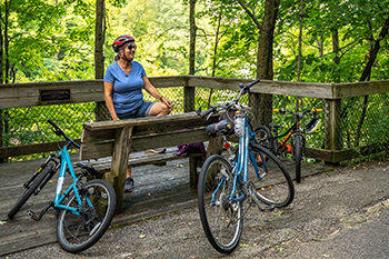 bicyclist stops to rest at wooden platform overlooking forest