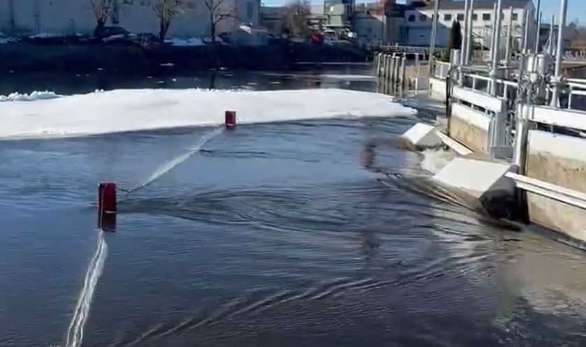 An ice floe snapped a safety cable at the Cheboygan Dam Thursday.
