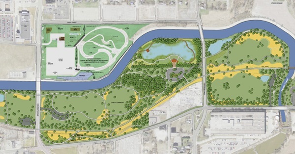 artist's rendering of concept for Chevy Commons, a green space along the Flint River to replace a former GM brownfield site