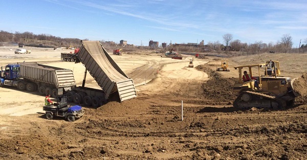 Soil import, cap construction at Chevy Commons central site east of Chevrolet Avenue, north of RR tracks. Phase 1 construction, 2015