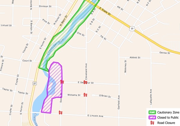 partial view of map showing cautionary, safe and closed areas surrounding Cheboygan Dam due to flood risk
