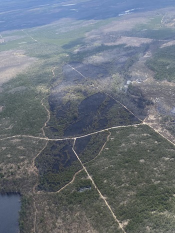aerial view shows the burned-out ground area, some smoldering spots, and several roads in the Tomahawk Lake Fire area, Presque Isle County