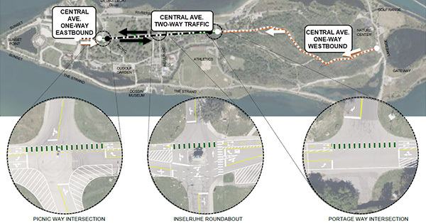 Map depicting vehicular traffic changes along Central Avenue from Casino Way. If you need help with the map, please call the park at 313-821-9844.