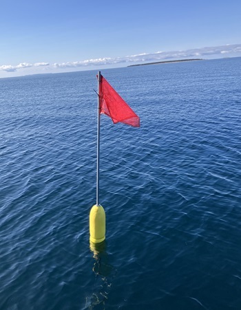 an orange flag flies atop a yellow buoy bobbing on the surface of a Great Lake, marking presence of a commercial fishing net