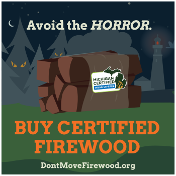 A drawing of a bundle of firewood with a certification sticker on it. Caption reads, "Avoid the horror. Buy certified firewood."