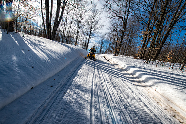 A snowmobiler enjoys a sunny afternoon on a Michigan trail.