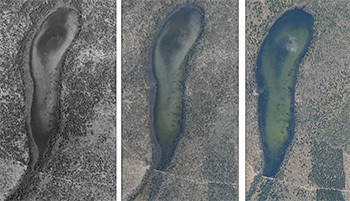 Aerial image of historical water levels at Roberts Lake in Cheboygan County, 1938 to 2020