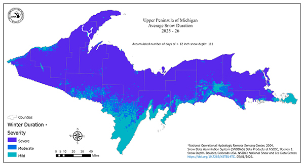 A map graphic shows snow depth ratings in the Upper Peninsula.