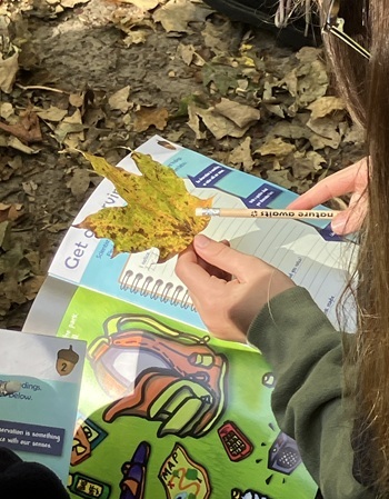 a sitting girl's hand holds a green and gold leaf and a pencil. She's in the Hoffmaster State Park woods at a Nature Awaits field trip.