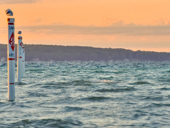 three swim buoys in choppy water
