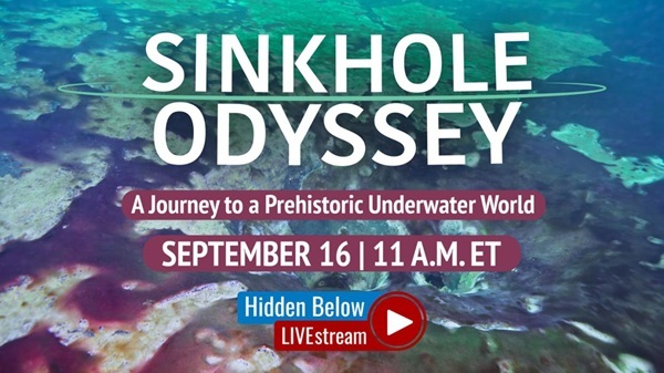 a graphic with the text "Sinkhole Odyssey, a journey to a prehistoric underwater world" and blue-green water painted imagery