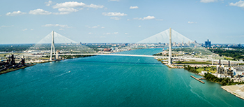 An aerial view of the Gordie Howe International Bridge is shown.