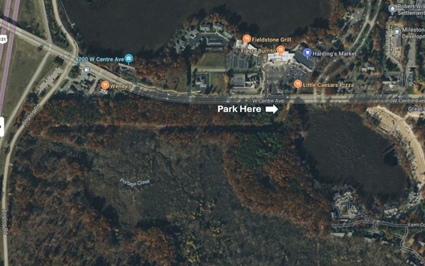 overhead map showing a section of Gourdneck State Game Area and the "park here" location along Centre Avenue