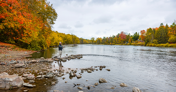 angler standing on rocks in a river surrounded by fall colors