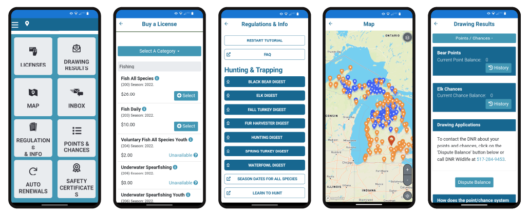 five mobile phone screen shots of various map, license, regulations, purchase and other options available via DNR Hunt Fish mobile app