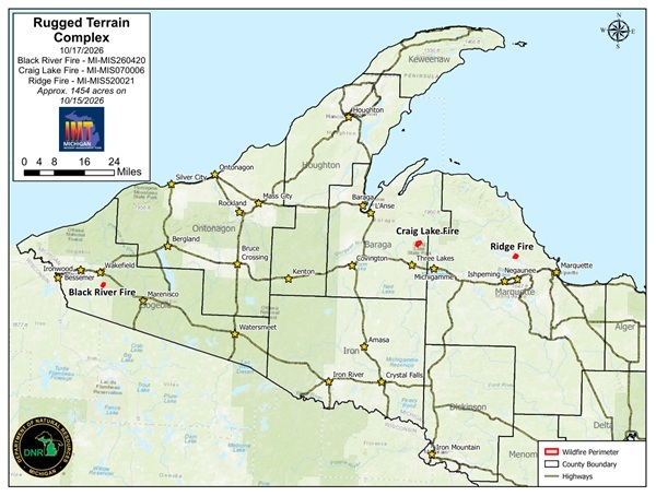 a map with red-circle locations of the three Rugged Terrain Complex fires across Michigan's Upper Peninsula