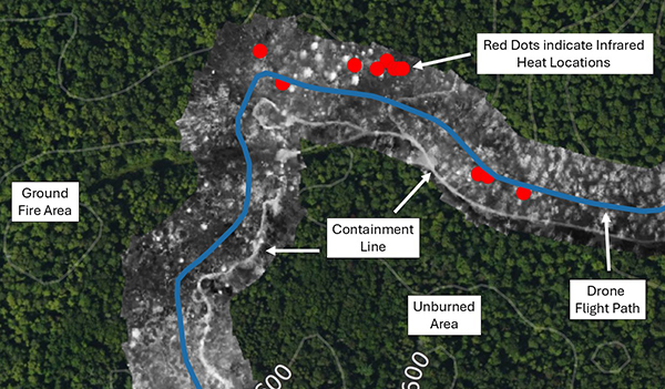 A map showing the infrared heat locations of the Rugged Terrain Complex fire.