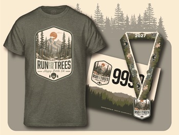 2027 Happy Little Trees 5K swag includes a T-shirt, runner's bib and finisher's medal, with the words Run for the Trees and Bob Ross likeness