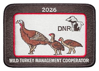2026 Michigan DNR turkey management cooperator patch with a sewn brown, red-lined border, three turkeys and DNR state logo