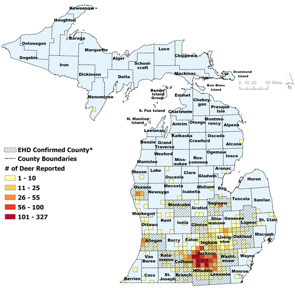 map showing locations of EHD found in Michigan