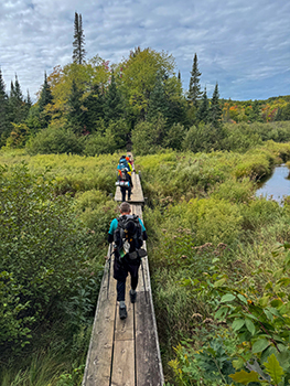 Hikers move along a boardwalk.