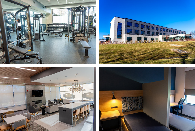 Collage of photos displaying the officer recruit lodge at Green Oaks Training Facility.