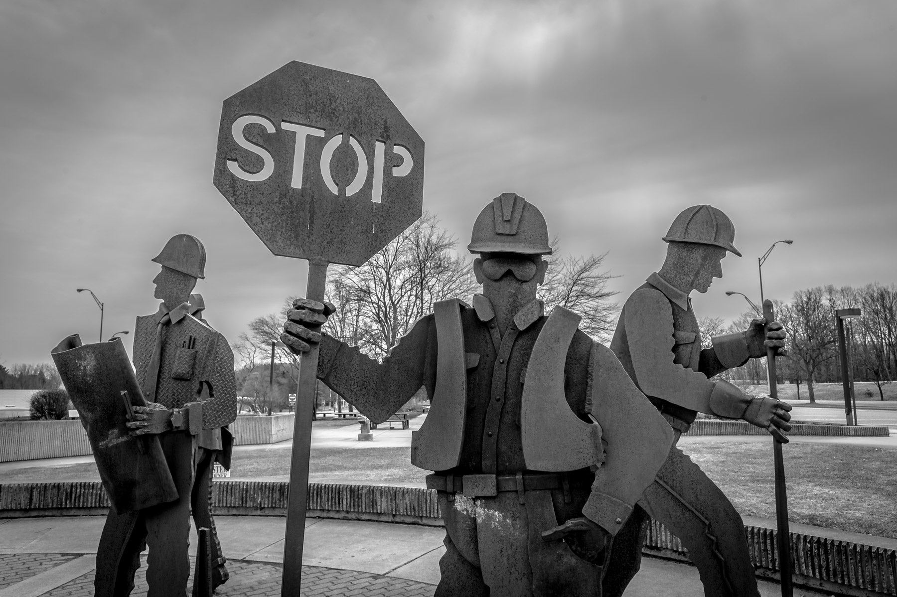 The Employee Memorial is built from recovered steel from road projects and is scultped to look like a road crew on the job.