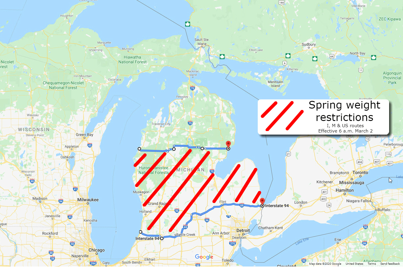 Mdot Truck Operators Map Annual Spring Weight Restrictions On State Roads Expanding Monday In Lower  Peninsula