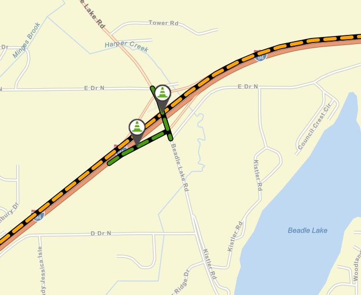 Map of Beadle Lake Road closures at I-94 in Emmett Township