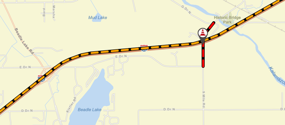 Map of intermittent closures of eastbound I-94 in Calhoun County 
