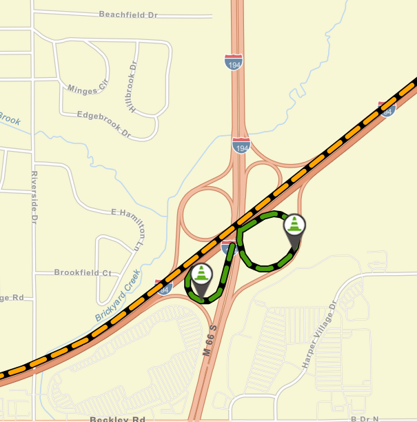 Map of I-94 lane closures and I-194 ramp closures at I-94 in Calhoun County.