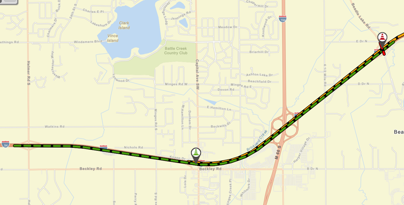 Map of eastbound I-94 lane closures in Battle Creek