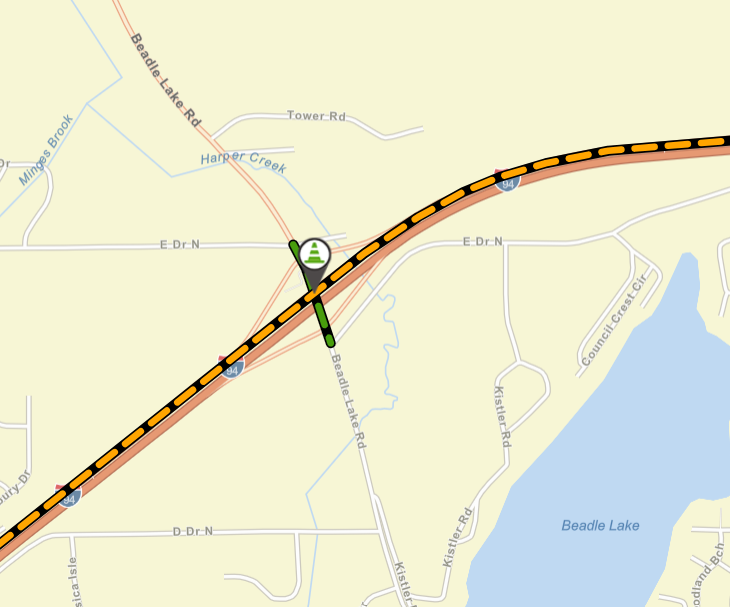 Map of Beadle Lake Road closure at I-94 in Emmett Township