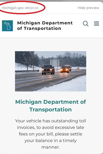 Screenshot of toll scam mimicking MDOT website