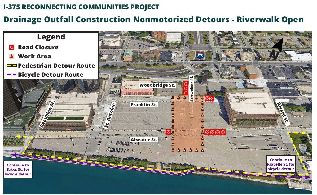 Pedestrian detour for drainage outfall construction Pedestrian detour for drainage outfall construction