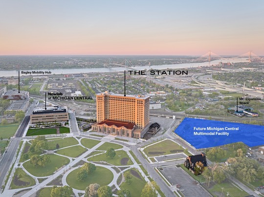 A rendering of the 30-acre Michigan Central Innovation District on a parcel just southwest of the station in Detroit.