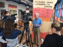 Governor Snyder talking to media at Pictured Rocks Visitor Center