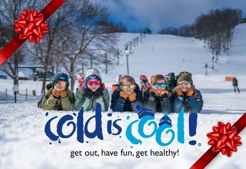 A graphic showing kids posing for a photo in the snow and ski gear with a text overlay that reads "Cold is Cool".