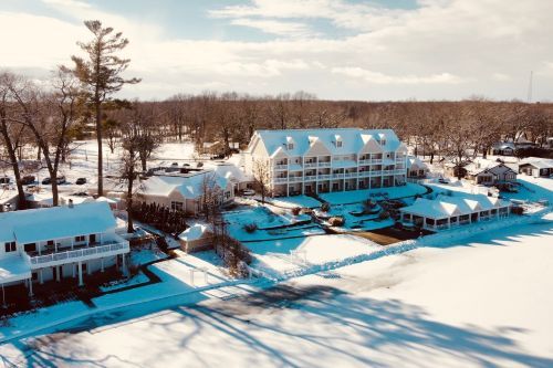 A hotel on the waterfront during winter.